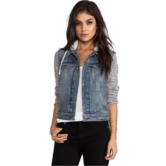 Free People Distressed Denim/Knit Hoodie Jacket - Picture 2 of 5